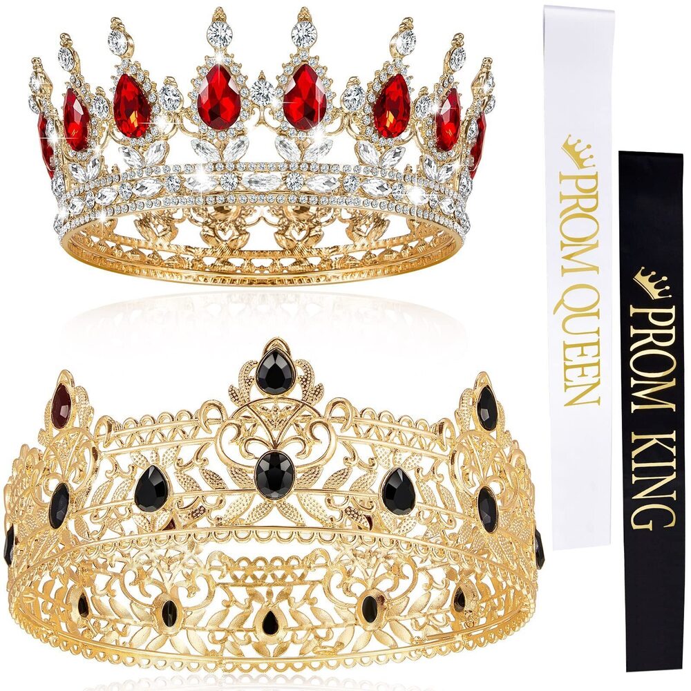 9454 4 Pieces Prom King and Queen Crowns Set with Sashes Halloween Birthday